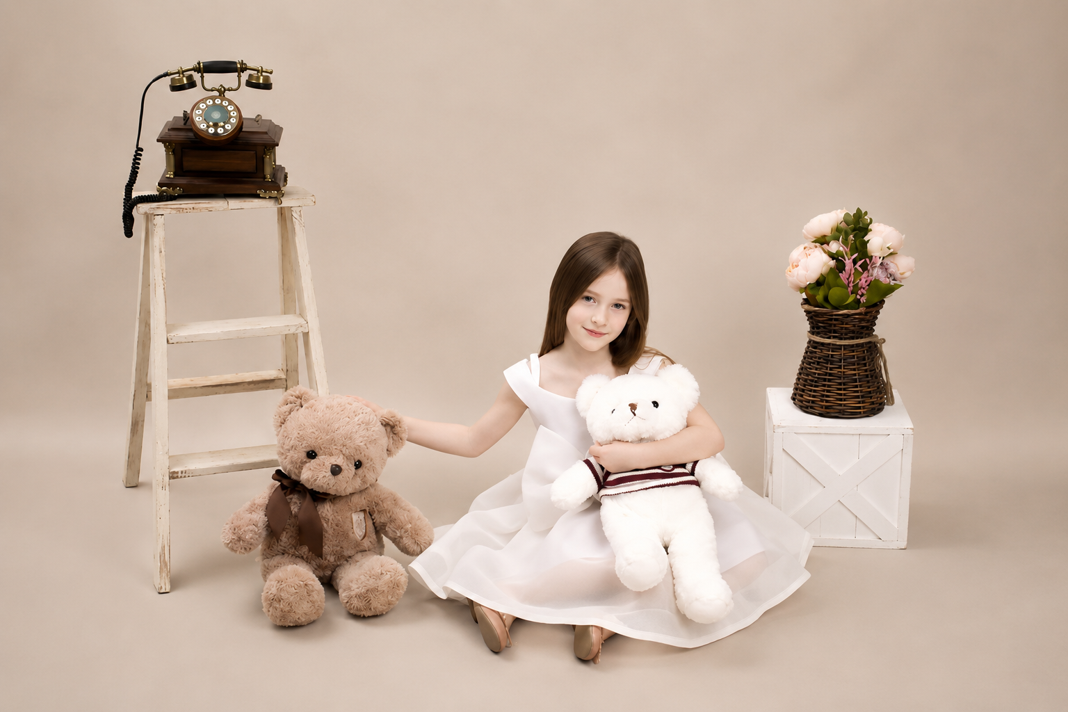 Girl in a white dress sitting with teddy bears in a soft vintage portrait setup.