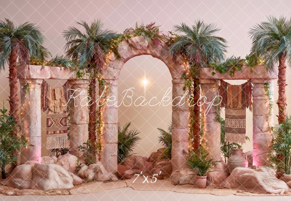 Kate VBS Stage Stone Arch Palms Star Pink Printed Backdrop Designed by Angela Miller