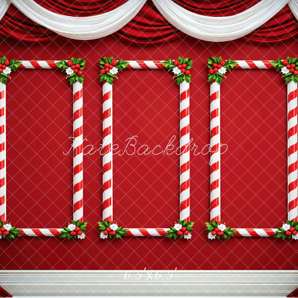 Kate Christmas Red Candy Cane Frame Curtain Printed Backdrop Designed by Mini MakeBelieve