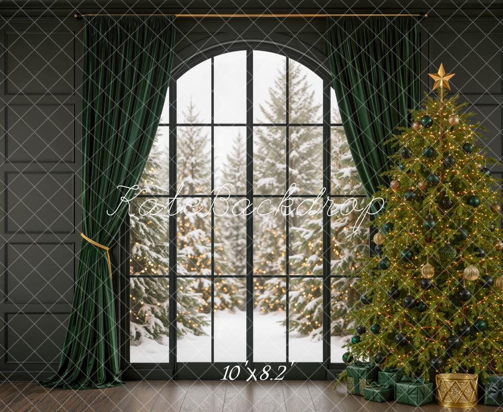 Kate Christmas Tree Window Green Curtains Printed Backdrop Designed by Mini MakeBelieve