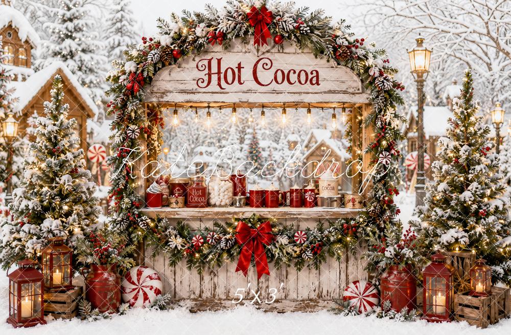 Kate Christmas Vintage Hot Cocoa Stand Snowy Village Trees Printed Backdrop Designed by Ashley Paul