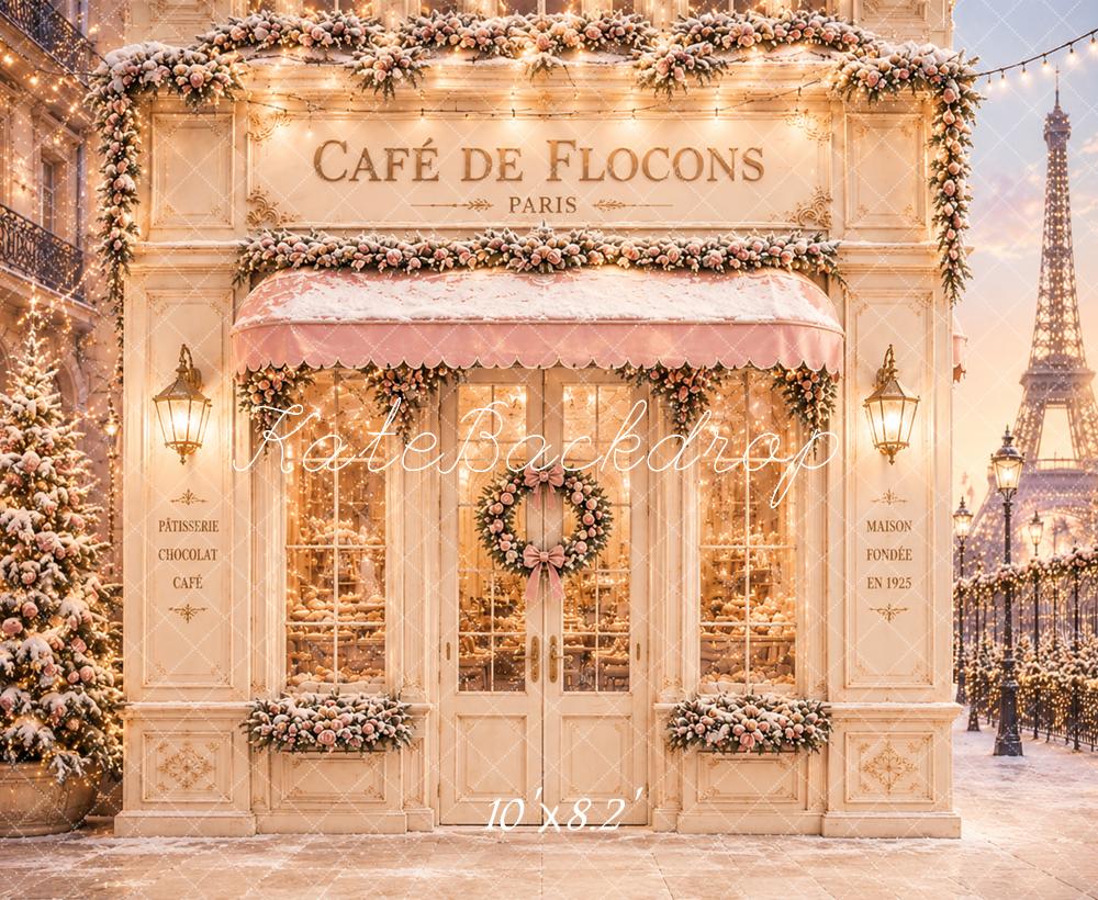 Kate Christmas Paris Café Snowy Eiffel Tower Printed Backdrop Designed by Caitlin Lynch