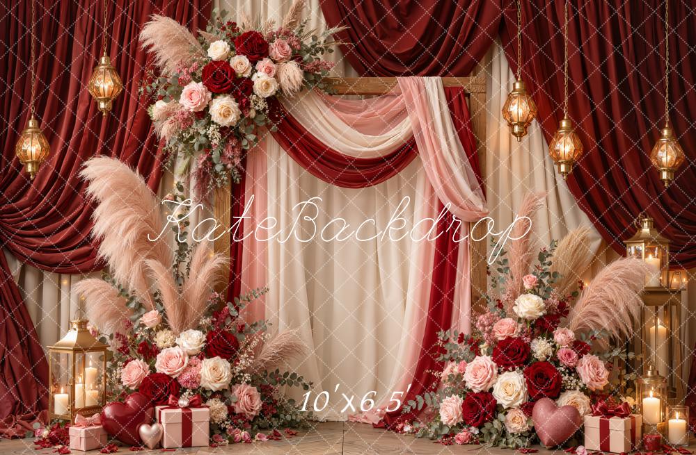 Kate Valentine's Day Boho Red Drapery Floral Lanterns Printed Backdrop Designed by Emetselch