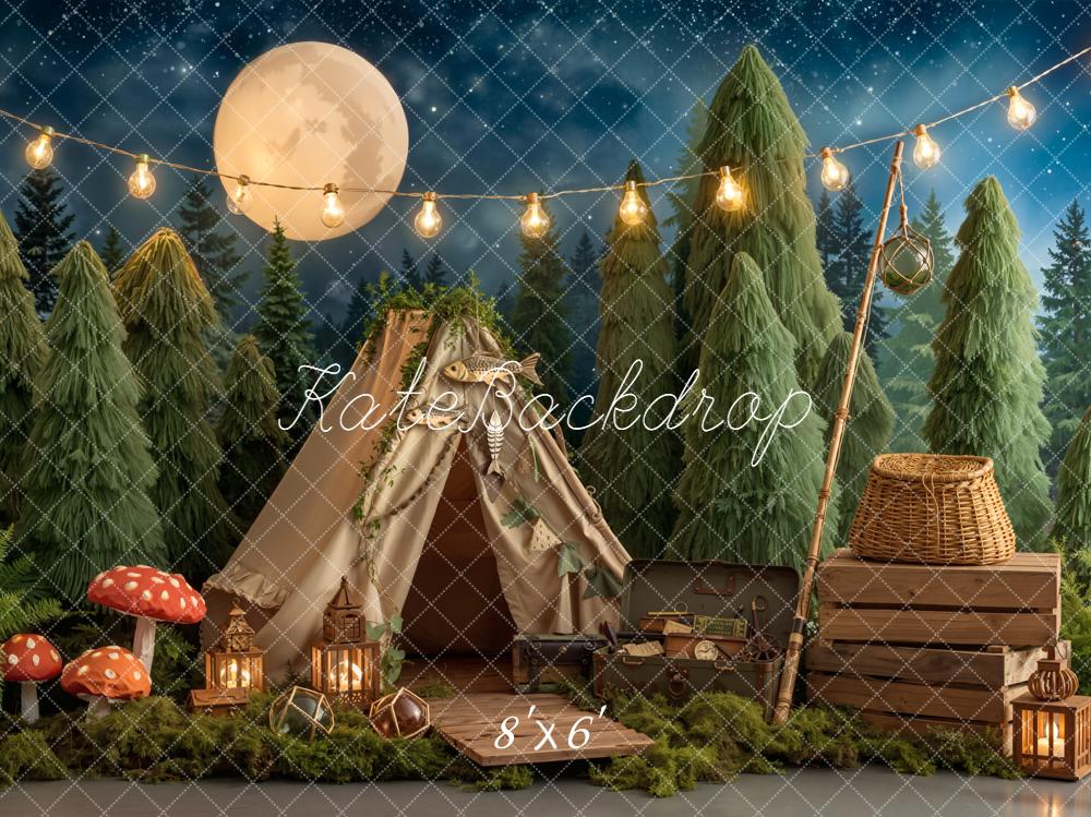 Kate Forest Tent Campfire Lantern Night Sky Printed Backdrop Designed by Emetselch