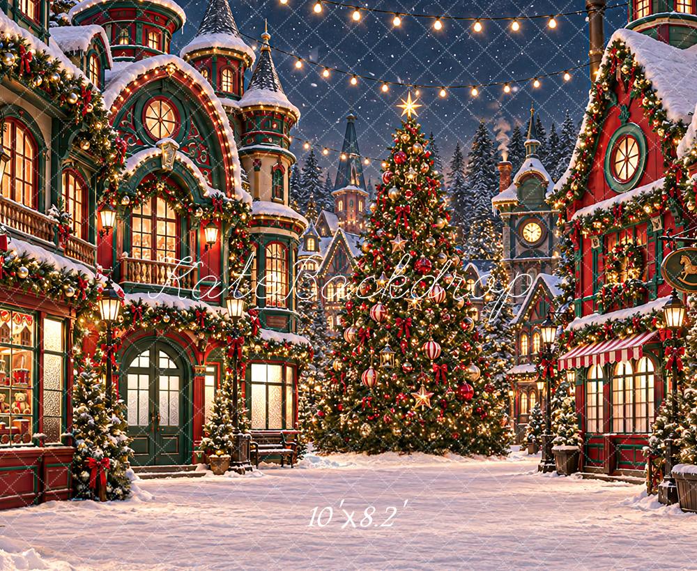 Kate Christmas Night Snowy Village Victorian Shop Christmas Tree Lights Printed Backdrop Designed by Angela Miller