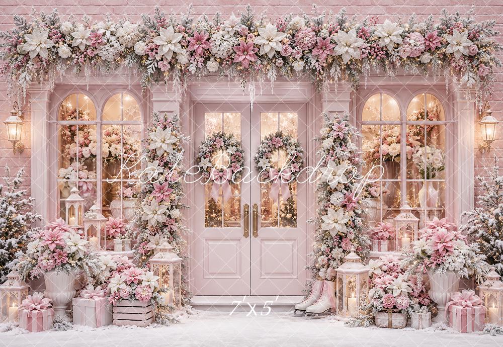 Kate Christmas Pink Snowy Floral Front Door Printed Backdrop Designed by Ashley Paul