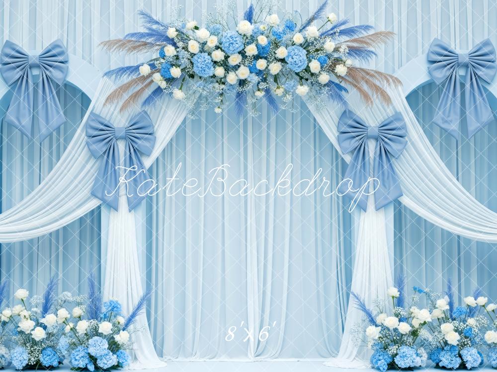 Kate Blue Flower Arch White Drapes Bows Backdrop Designed by Patty Roberts