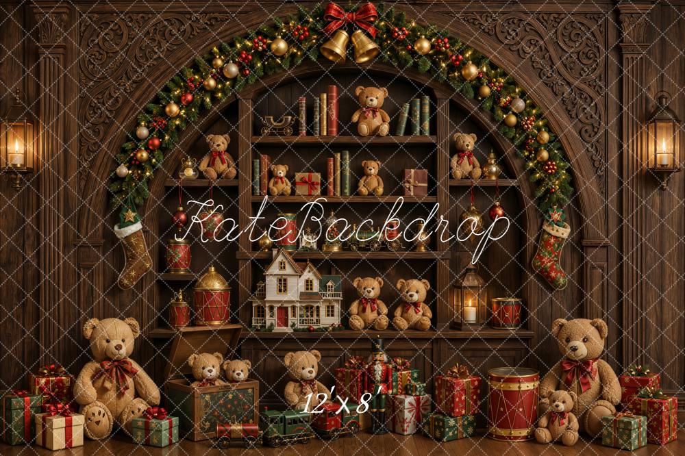 Kate Christmas Toys Room Teddy Bears Arch Bookshelf Gifts Printed Backdrop Designed by Emetselch