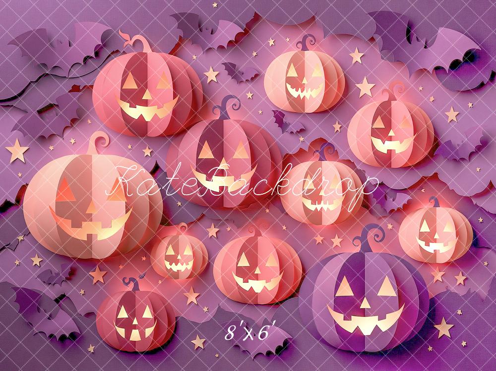 Kate Halloween Playful Purple Paper Pumpkins Bats Stars Printed Backdrop Designed by Angela Miller