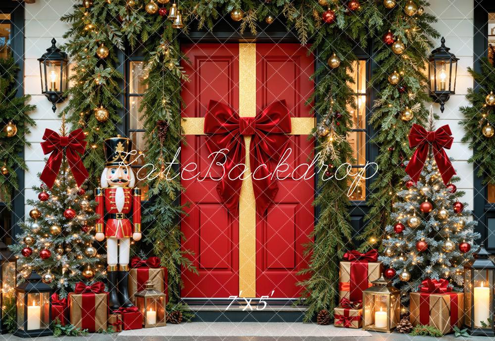 Kate Christmas Red Door Bow Nutcracker Garland Gifts Printed Backdrop Designed by Mini MakeBelieve