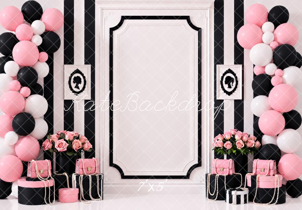 Kate Birthday Luxury Pink Black White Balloons Striped Wall Flowers Gifts Printed Backdrop Designed by Shutter Swan Studios