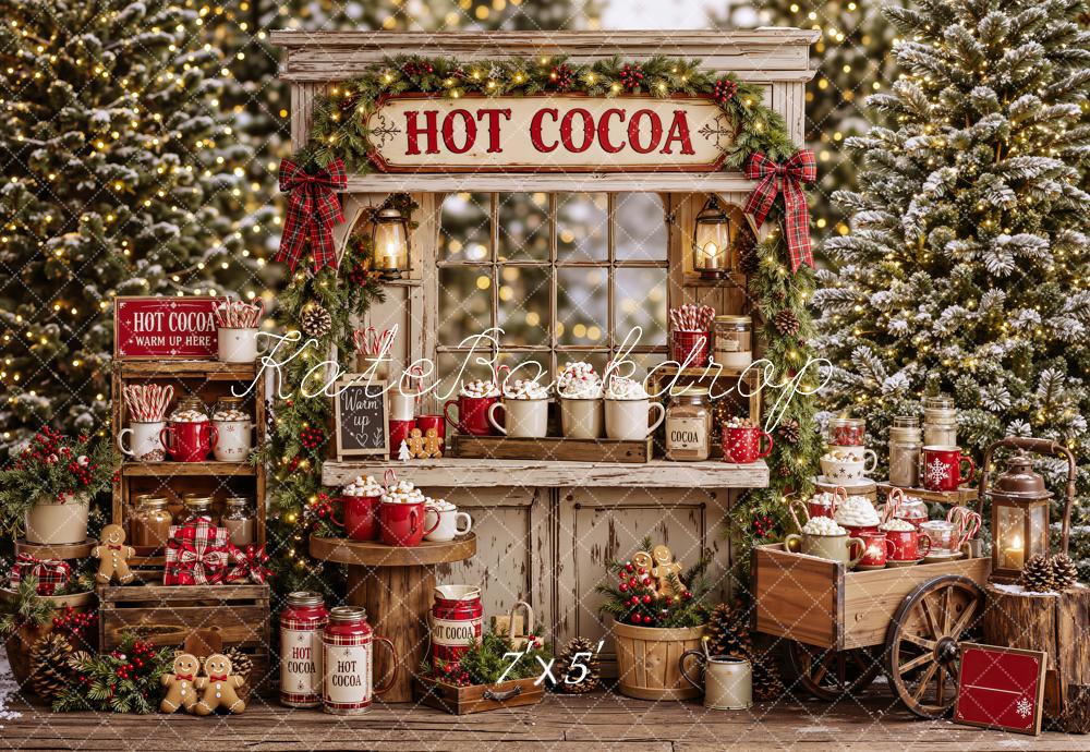 Kate Christmas Hot Cocoa Stand Mugs Shelves Cart Forest Printed Backdrop Designed by Emetselch