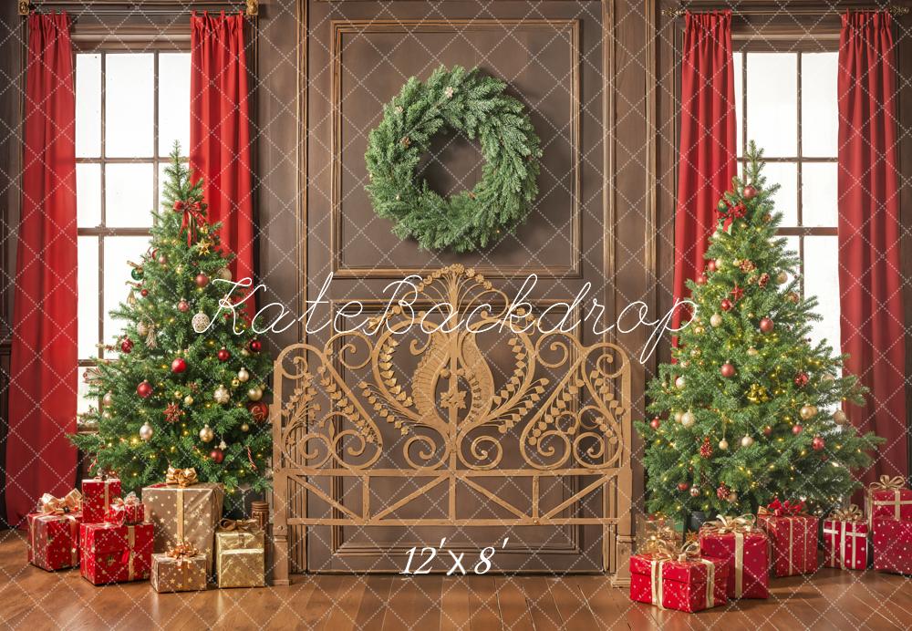 Kate Christmas Headboard Trees Wreath Gifts Red Curtains Printed Backdrop Designed by Emetselch