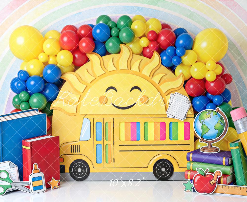 Kate Back To School School Bus Sun Rainbow Printed Backdrop Designed by Mini MakeBelieve