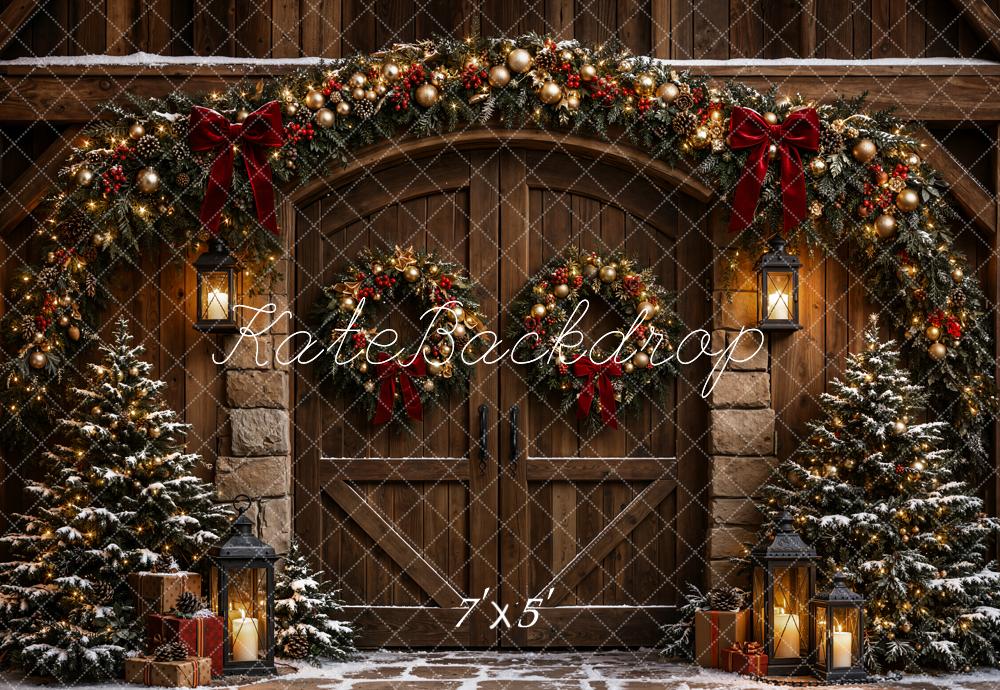 Kate Christmas Rustic Cabin Door Garland Printed Backdrop Designed by Emetselch