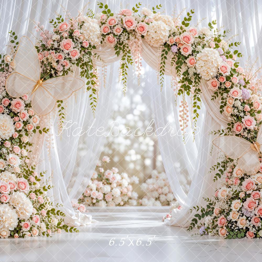 Kate Spring Flower Arch Butterfly White Sheer Drapes Printed Backdrop Designed by Emetselch