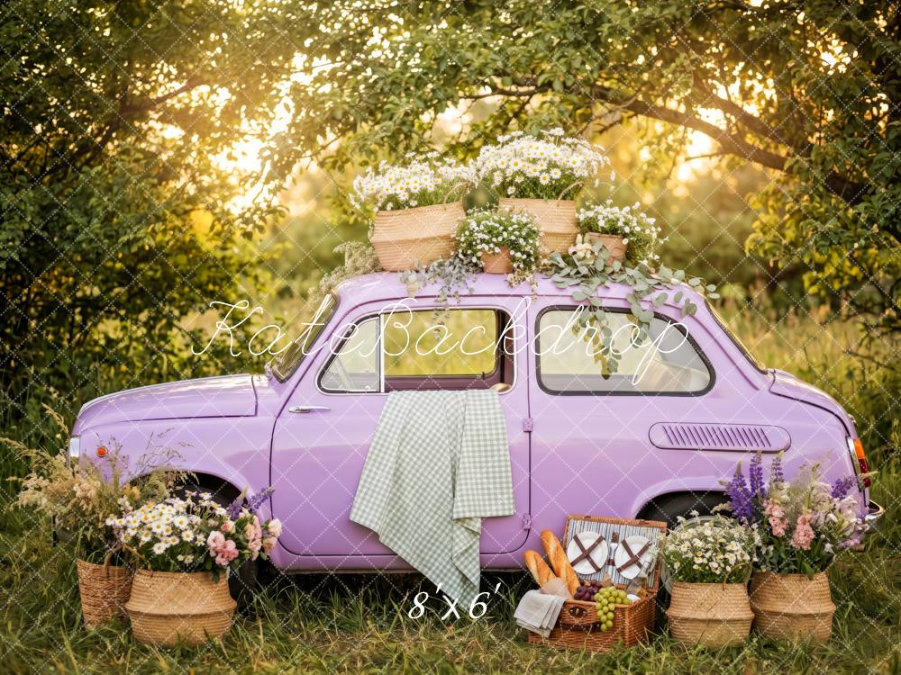 Kate Forest Purple Vintage Car Picnic Flowers Printed Backdrop Designed by Patty Roberts