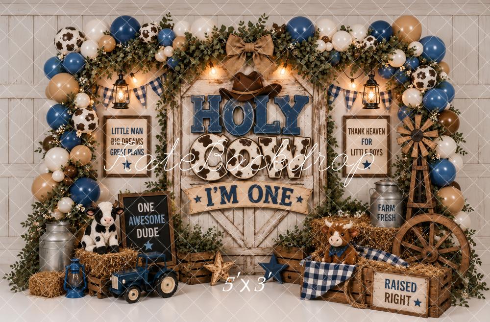 Kate Cake Smash Cowboy Farm First Birthday Balloons Blue Printed Backdrop Designed by Ashley Paul