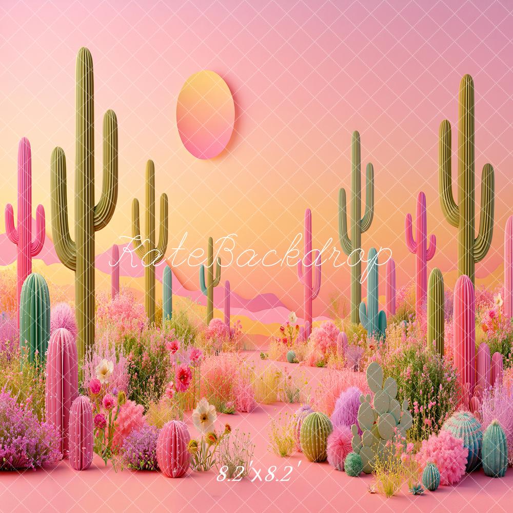 Kate Fantasy Pink Paper Cactus Desert Flowers Sunset Printed Backdrop Designed by Angela Miller