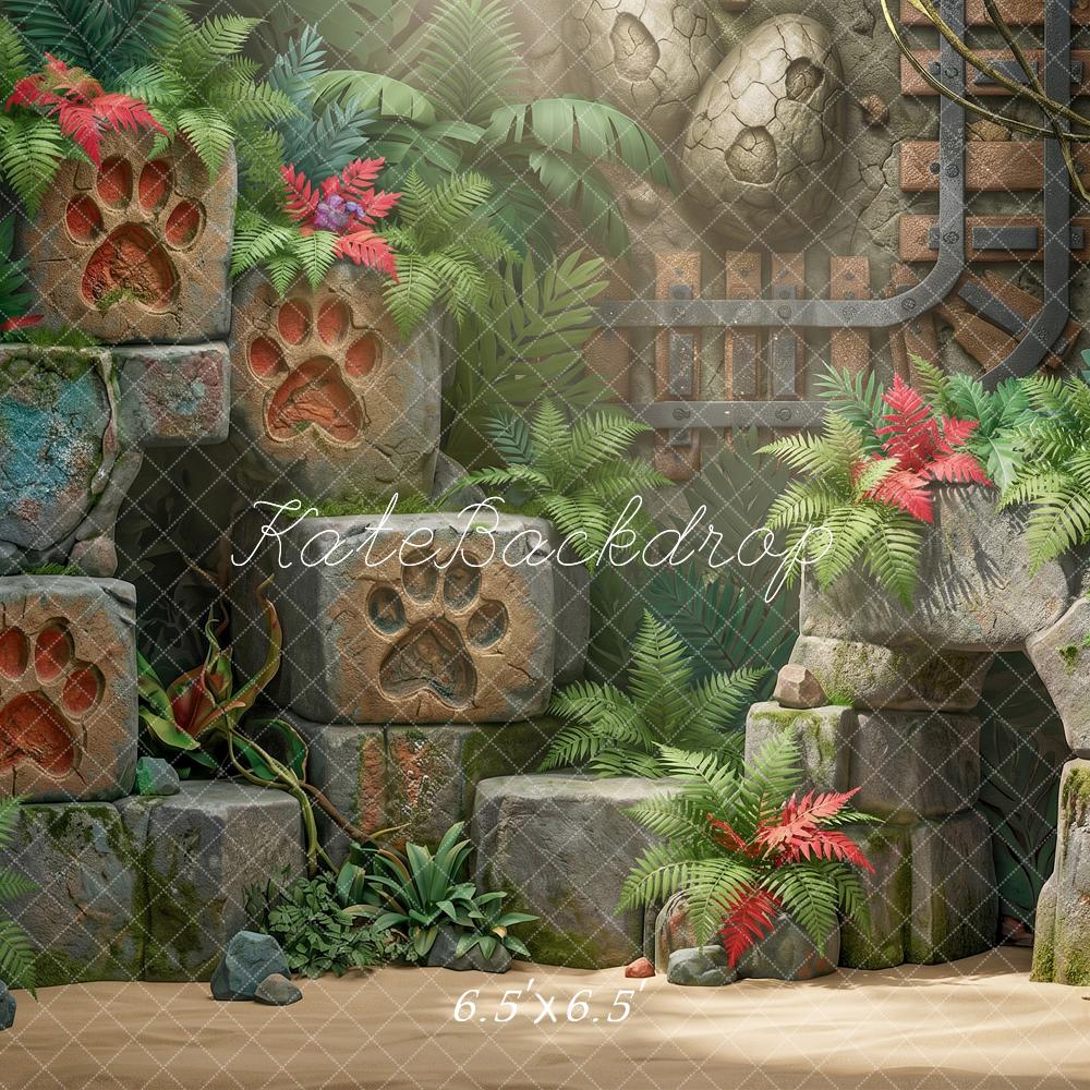 Kate Adventure Jungle Ruins Paw Print Stones Ferns Printed Backdrop Designed by Angela Miller
