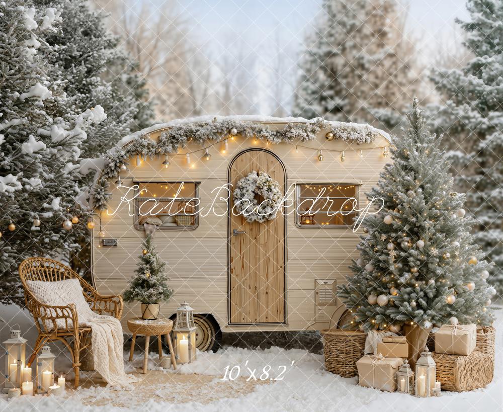Kate Christmas Snowy Beige Camper Van Trees Lights Chair Printed Backdrop Designed by Emetselch