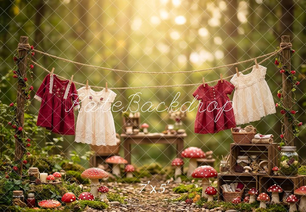 Kate Forest Clothesline Mushrooms Picnic Dress Printed Backdrop Designed by Patty Roberts