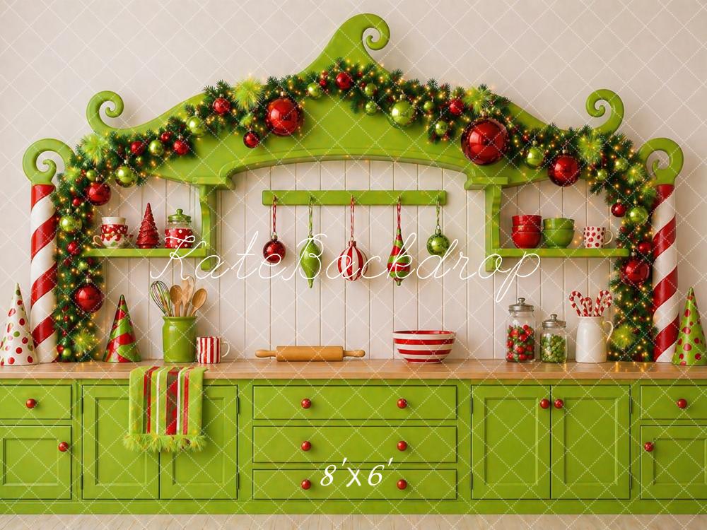 Kate Christmas Whimsical Green Kitchen Cabinet Garland Ornaments Printed Backdrop Designed by Caitlin Lynch