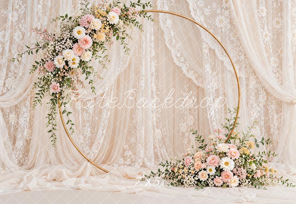 Kate Romantic Wedding Floral Hoop Lace Drapery Printed Backdrop Designed by Emetselch