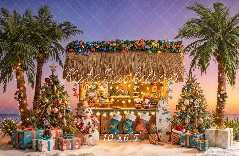 Kate Christmas Tropical Beach Hut Palm Trees Surfboard Printed Backdrop Designed by Emetselch