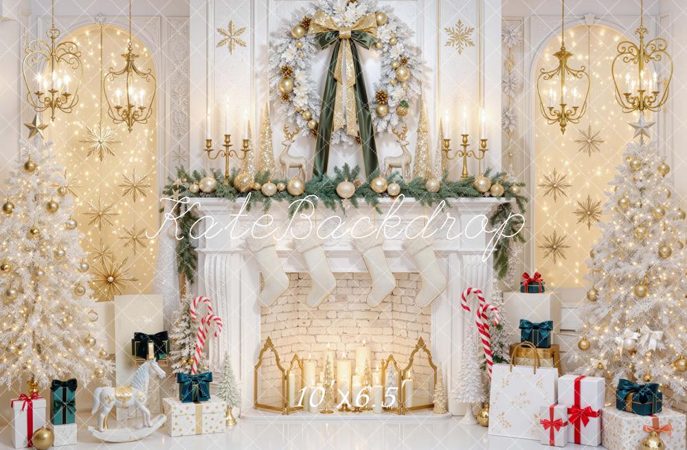 Kate Christmas White Gold Fireplace Wreath Trees Candlestick Printed Backdrop Designed by Mini MakeBelieve