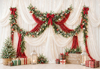 Kate Christmas Garland Red Drapes Gift Boxes Printed Backdrop Designed by Emetselch