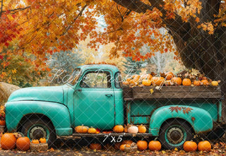 Fall Vintage Blue Truck Pompoenen Esdoornboom Foto Achtergrond Designed by Emetselch