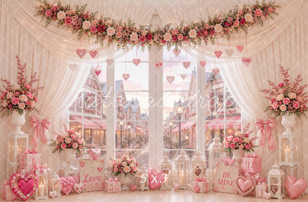 Kate Valentine's Day Floral Window Hanging Hearts Street View Printed Backdrop Designed by Emetselch
