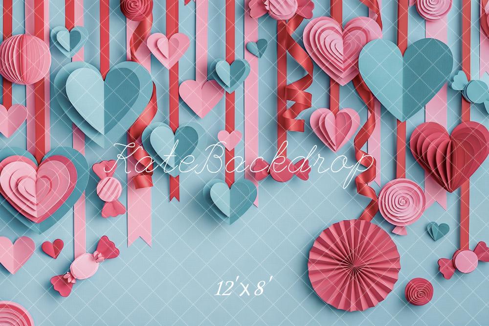 Kate Valentine's Day Layered Paper Pink Blue Hearts Printed Backdrop Designed by Angela Miller