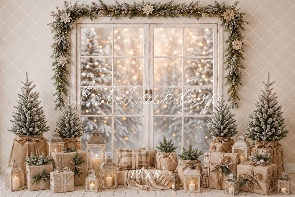 Kate Christmas Window Garland Rustic Frosted Trees Gifts Printed Backdrop Designed by Emetselch