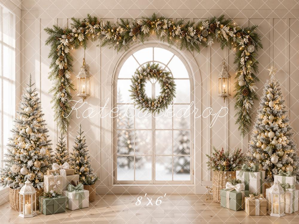 Kate Christmas Beige Garland Trees Presents Retro Printed Backdrop Designed by Emetselch