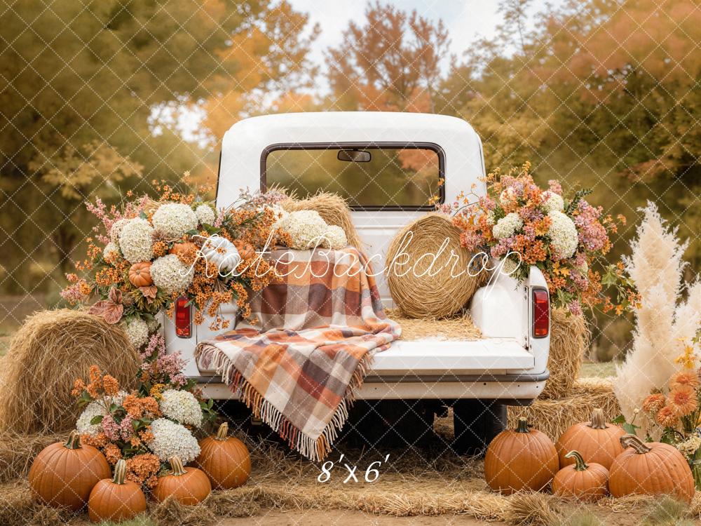 Kate Fall White Truck Pumpkins Hay Bales Flowers Printed Backdrop Designed by Emetselch
