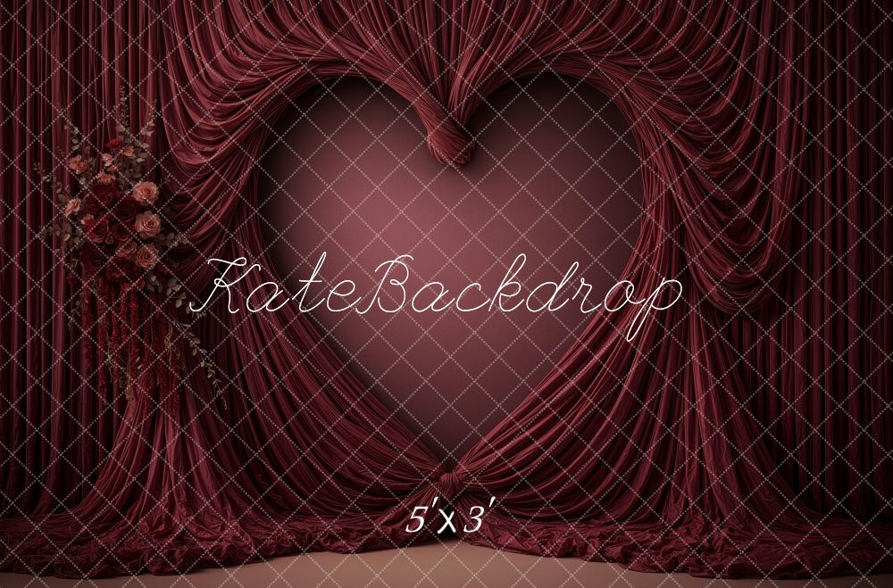 Kate Valentine's Day Burgundy Heart Draped Curtains Floral Printed Backdrop Designed by Ashley Ward