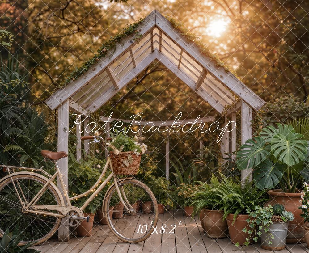 Kate Summer Garden Greenhouse Bicycle Potted Plants Printed Backdrop Designed by Emetselch