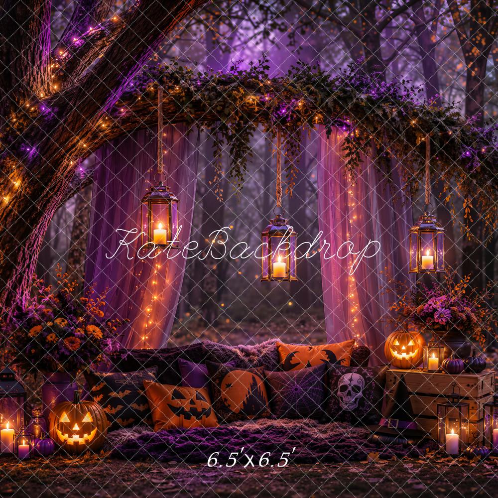 Kate Halloween Night Branch Arch Purple Drapes Pillows Lanterns Pumpkin Printed Backdrop Designed by Emetselch