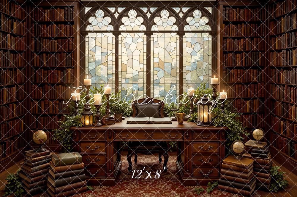 Kate Library Books Stained Glass Desk Globes Backdrop Designed by Mini MakeBelieve