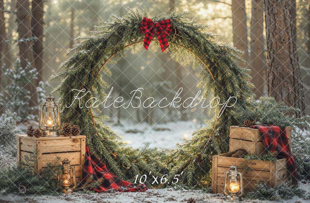 Kate Christmas Greenery Wreath Forest Crates Lanterns Printed Backdrop Designed by Emetselch