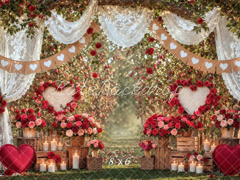 Kate Valentine's Day Rose Garden Hearts Lace Drapes Printed Backdrop Designed by Mini MakeBelieve