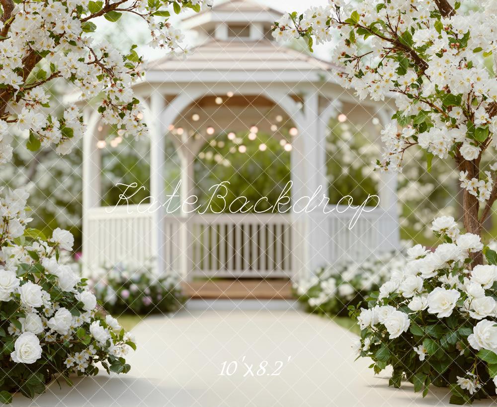 Kate Spring White Gazebo Blossom Trees Roses Backdrop Designed by Emetselch