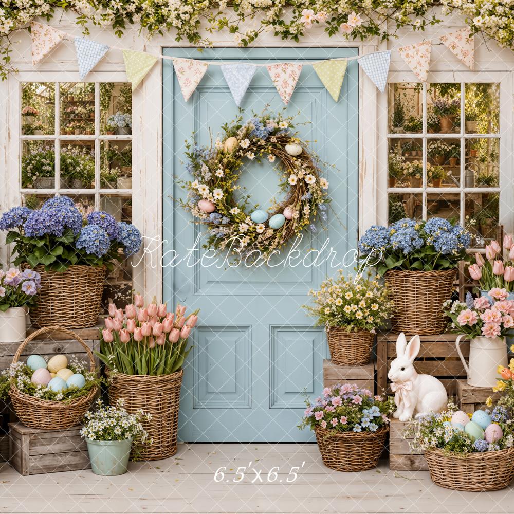 Kate Easter Spring Flower Arch Blue Door Bunny Bunting Printed Backdrop Designed by Emetselch
