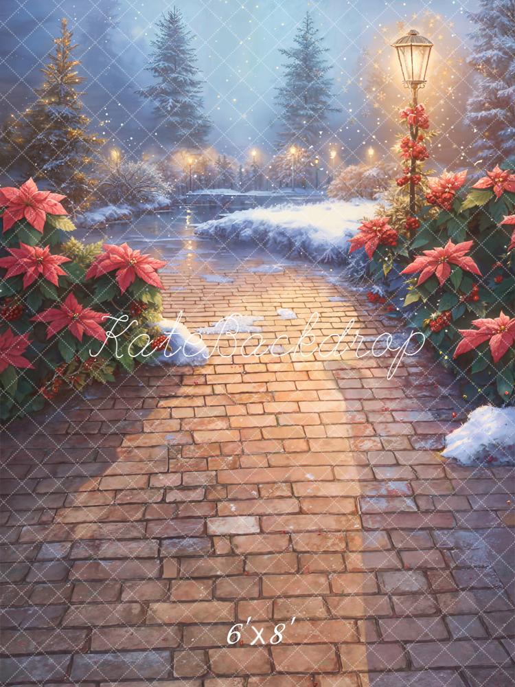 Kate Christmas Snowy Poinsettia Brick Pathway Backdrop Designed by Emetselch