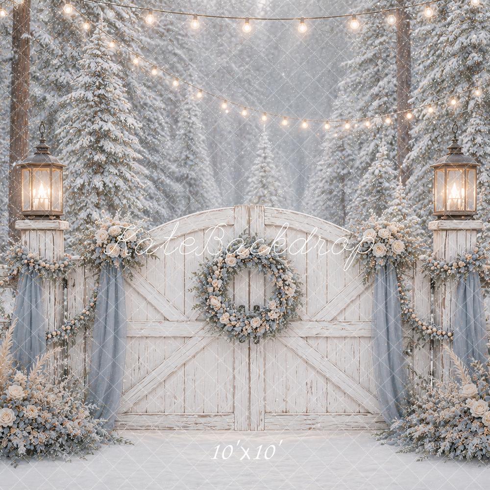 Kate Winter Snowy Forest Barn Gate Lanterns Printed Backdrop Designed by Ashley Paul