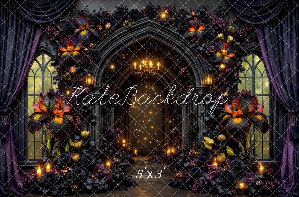 Kate Halloween Gothic Flower Arch Black Roses Chandelier Candles Printed Backdrop Designed by Mini MakeBelieve