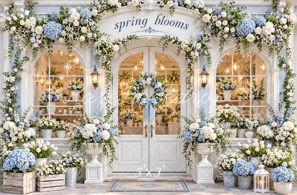 Kate Spring Flower Shop Blue White Hydrangeas Printed Backdrop Designed by Emetselch