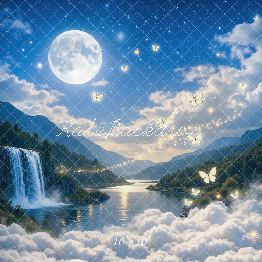 Kate Fairy Fantasy Moonlight Waterfall Butterflies Printed Backdrop Designed by Mini MakeBelieve